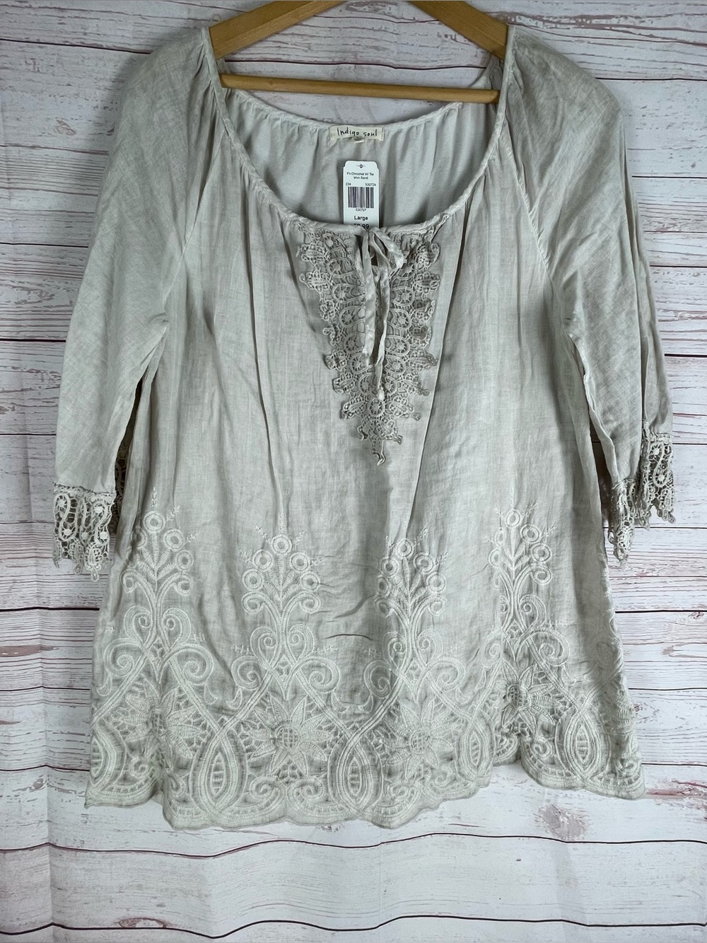 Indigo Soul Crochet Tie Tunic Blouse Sz L Gray Beige New Boho Feminine Cotton